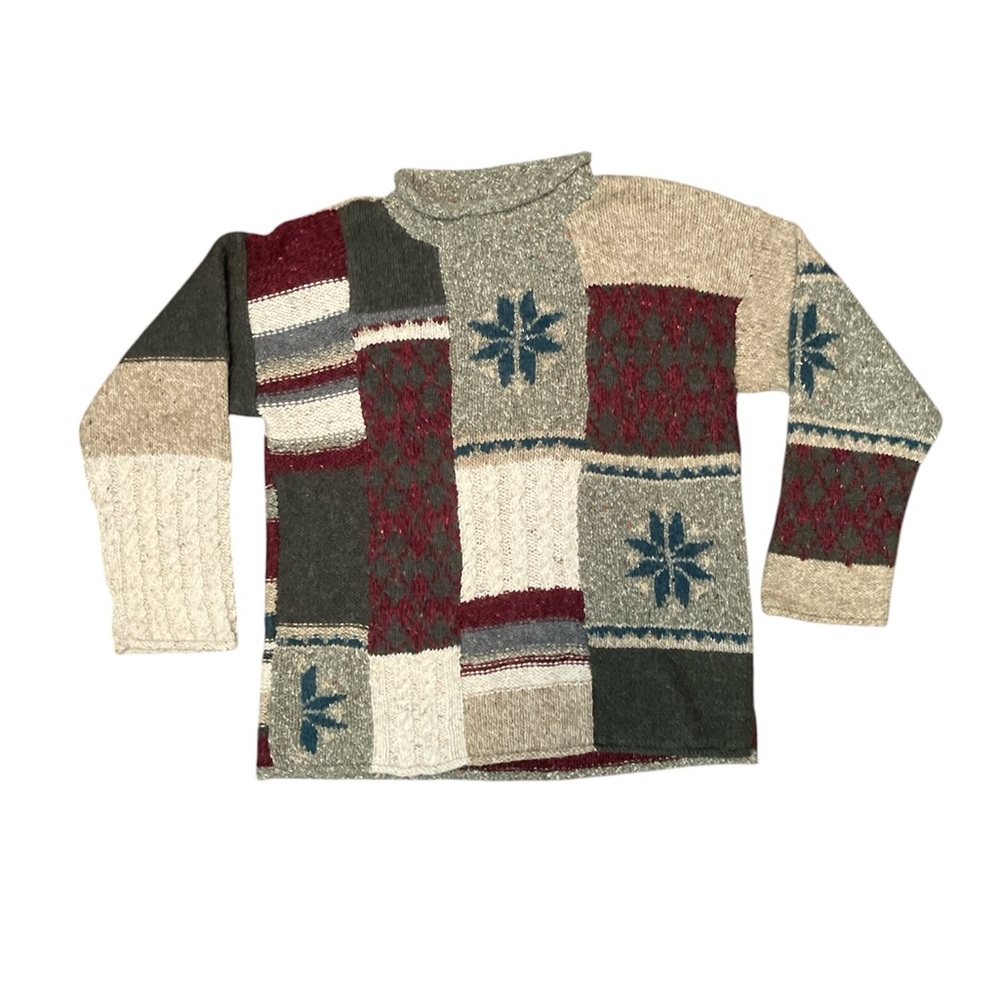 Vintage 90s Hand Knit Wool Blend Cable Chunky Patchwork Fair Isle Sweater large